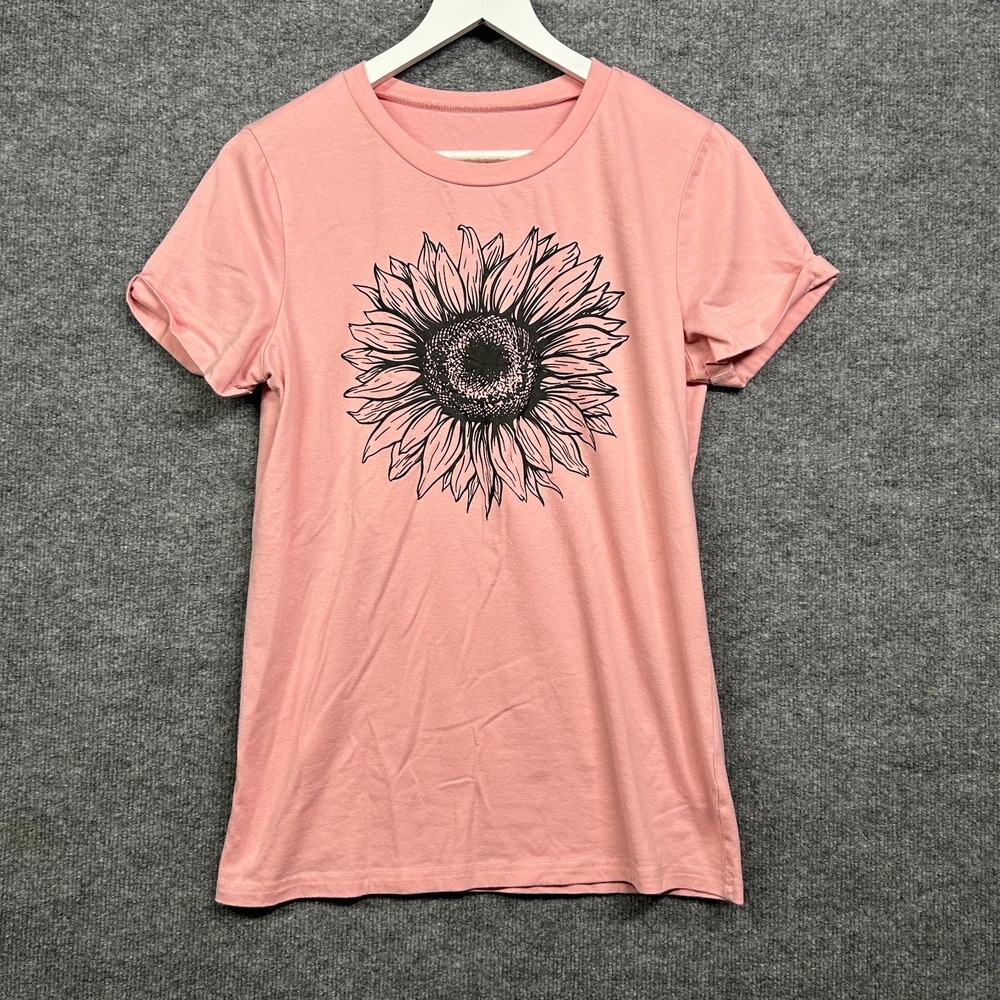 Women's Sunflower Graphic T-Shirt Pink Crew Neck Short Sleeve Casual Top - Small